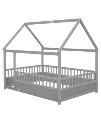 Full Size Wooden Floor Bed with House Roof Frame & Fence Guardrails for Kids