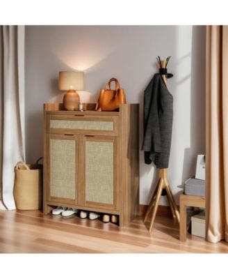 32.4" Boho Rattan Shoe Cabinet – 5-Tier Wooden Organizer with Doors for Entryway & Living Room Storage