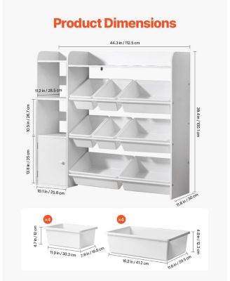 Kids Toy Storage Organizer with Bookshelf, 4-Tier Cubby Cabinet with 8 Flexible Plastic Bins, Toy & Book Storage, White