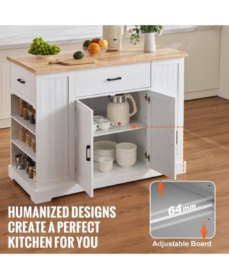 46" MDF, Rubberwood Kitchen Island Cart with Wood Top, Storage Cabinet, Adjustable Shelf, Drawer, Farmhouse Rolling Table