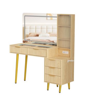 48" Makeup Vanity Desk with Glass Top, LED Mirror & Lights, 5 Drawers, Power Outlet – Modern Fluted Bedroom Design