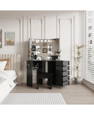 Farmhouse Vanity Desk with Mirror and Lights,Modern Makeup Vanity with Charging Station