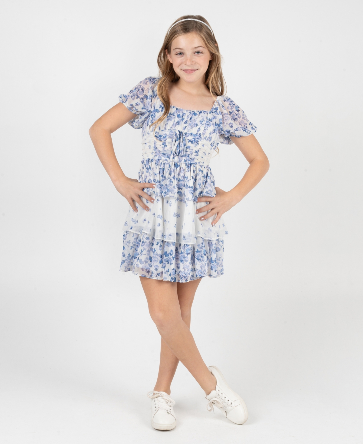 Rare Editions Girls' 7-16 Mixed Print Ruched Puff-Sleeve Dress - Blue