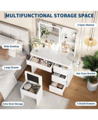 Makeup Vanity with Light and Mirror, Vanity Desk Foldable Desktop, Adjustable Lighting, Drawers and Cushioned Stool, Dressing Table for Bedroom