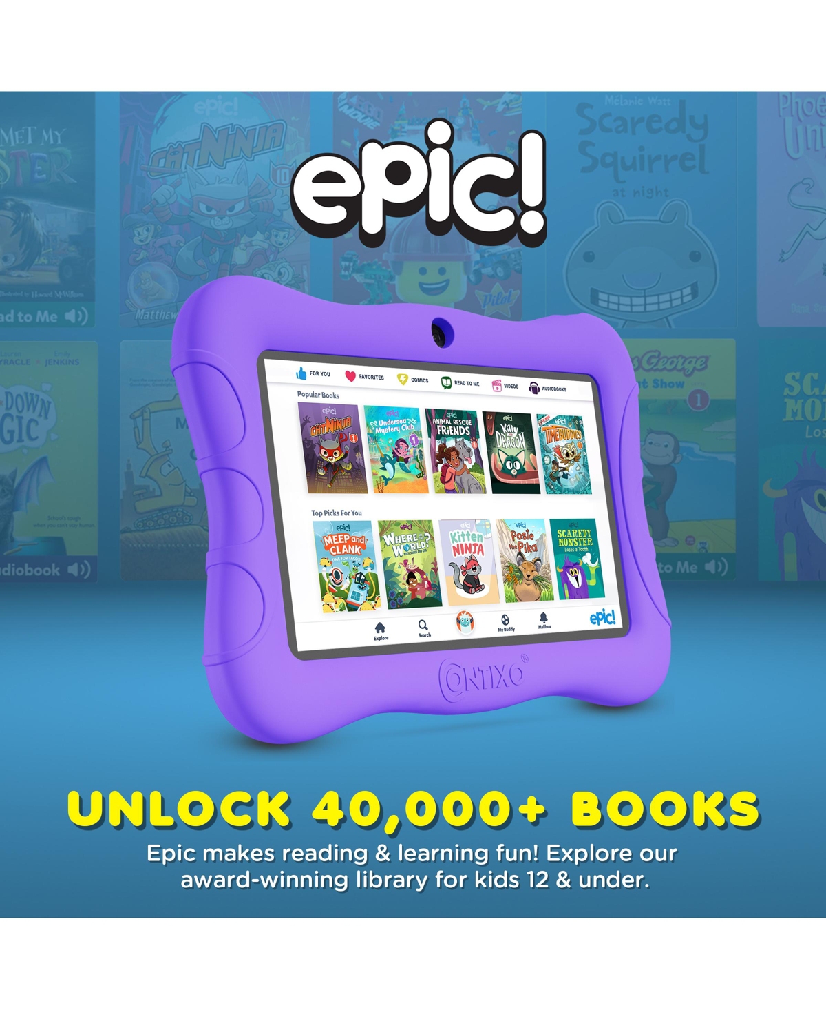 Contixo 7" Android Kids Tablet 32GB, Includes 50+ Disney Storybooks & Stickers, Protective Case with Kickstand, (2024 Model)