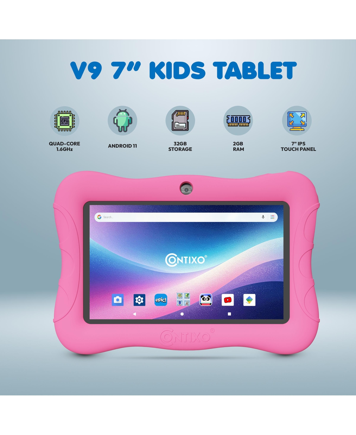 Contixo 7" Android Kids Tablet 32GB, Includes 50+ Disney Storybooks & Stickers, Protective Case with Kickstand, (2024 Model)