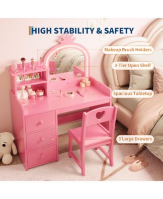 Kids Vanity with Lights – 2-in-1 Princess Makeup Toddler Vanity Table with Stool & Drawers, Wooden Girls Vanity Desk for Pretend Play