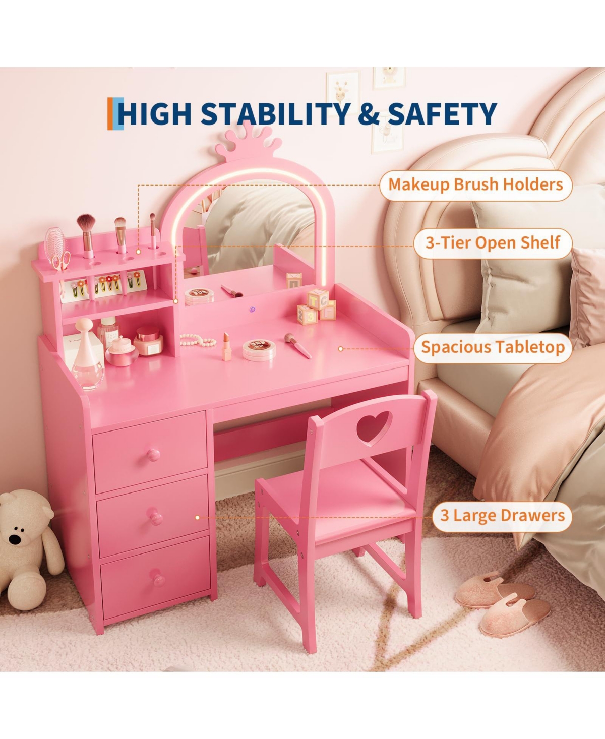 gaomon Kids Vanity with Lights – 2-in-1 Princess Makeup Toddler Table Stool & Drawers, Wooden Girls Desk for Pretend Play