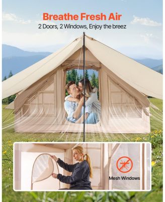 Inflatable Camping Tent, 3-5 Person, Hand Pump Included, 300D Oxford 4-Season Tent with Canopy, Stove Jack, 2 Doors, 2 Mesh Windows