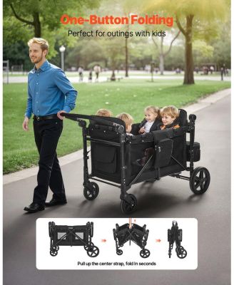 Wagon Stroller for 4 Kids, Collapsible Push Pull Quad Stroller with Adjustable Handle, 5-Point Harness, Removable Canopy, Black, 330 lbs Load