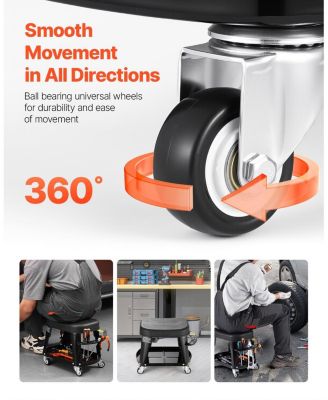 Mechanic Stool with Wheels, 300 lb Capacity, 360&deg; Swivel Garage Work Stool with Tool Tray & Screwdriver Rack, Heavy-Duty