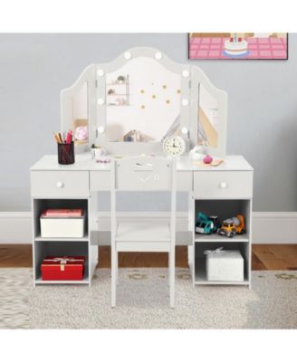 Kids Vanity Set with Mirror, 2-in-1 Wooden Toddler Vanity Table with Stool, Tri-Folding Mirror & Drawer, Removable Top