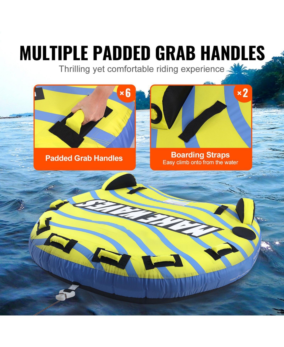 Mecale Inflatable Towable Tube for Boating, 1-3 Riders, 510 lbs Capacity, Full Nylon Cover, Eva Grab Handles, Speed Safety Valve