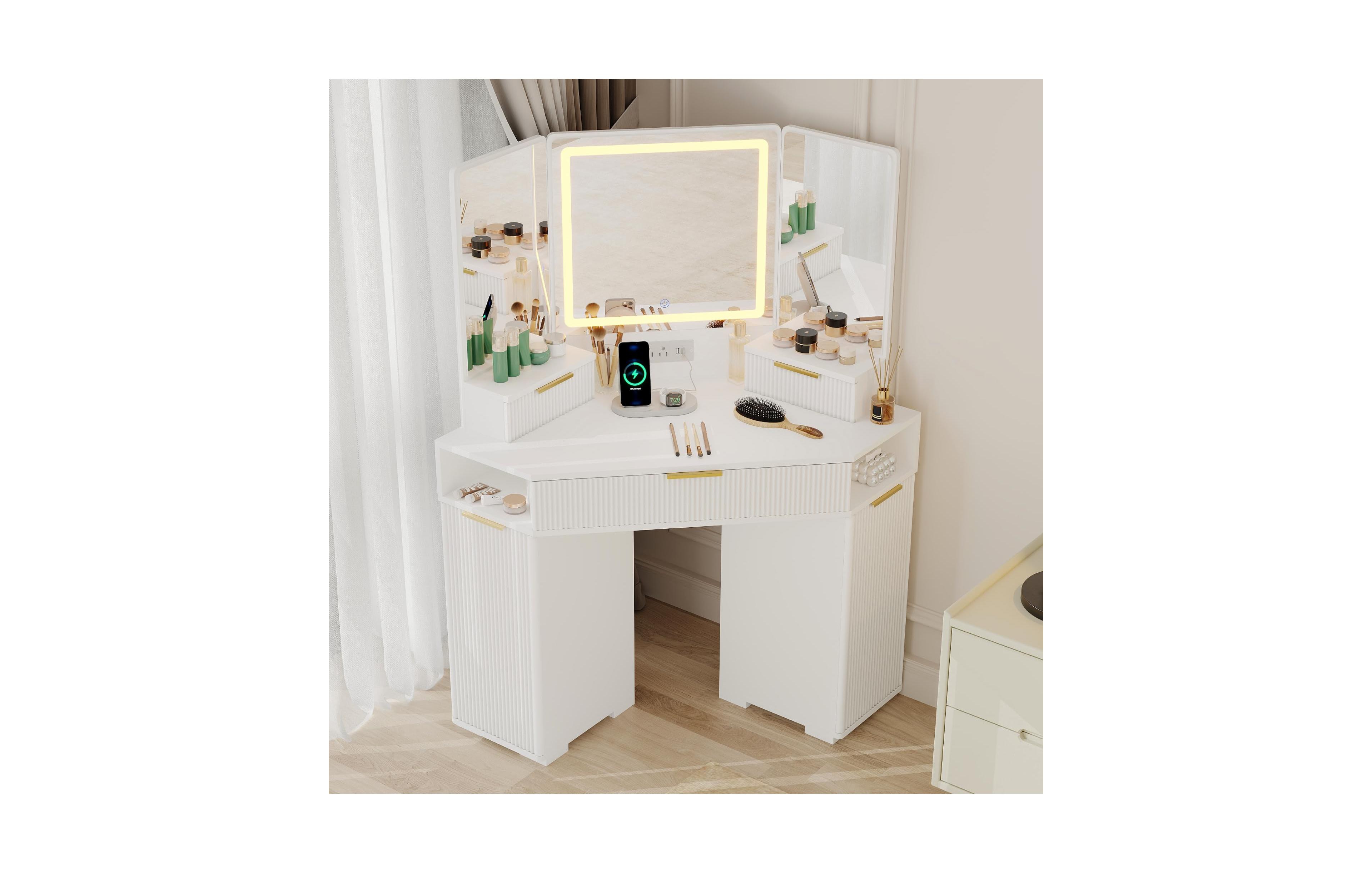 gaomon Lighted Mirror Corner Vanity Desk with Charging Station – Fluted Design, 3 Drawers, Cabinets & Open Shelves