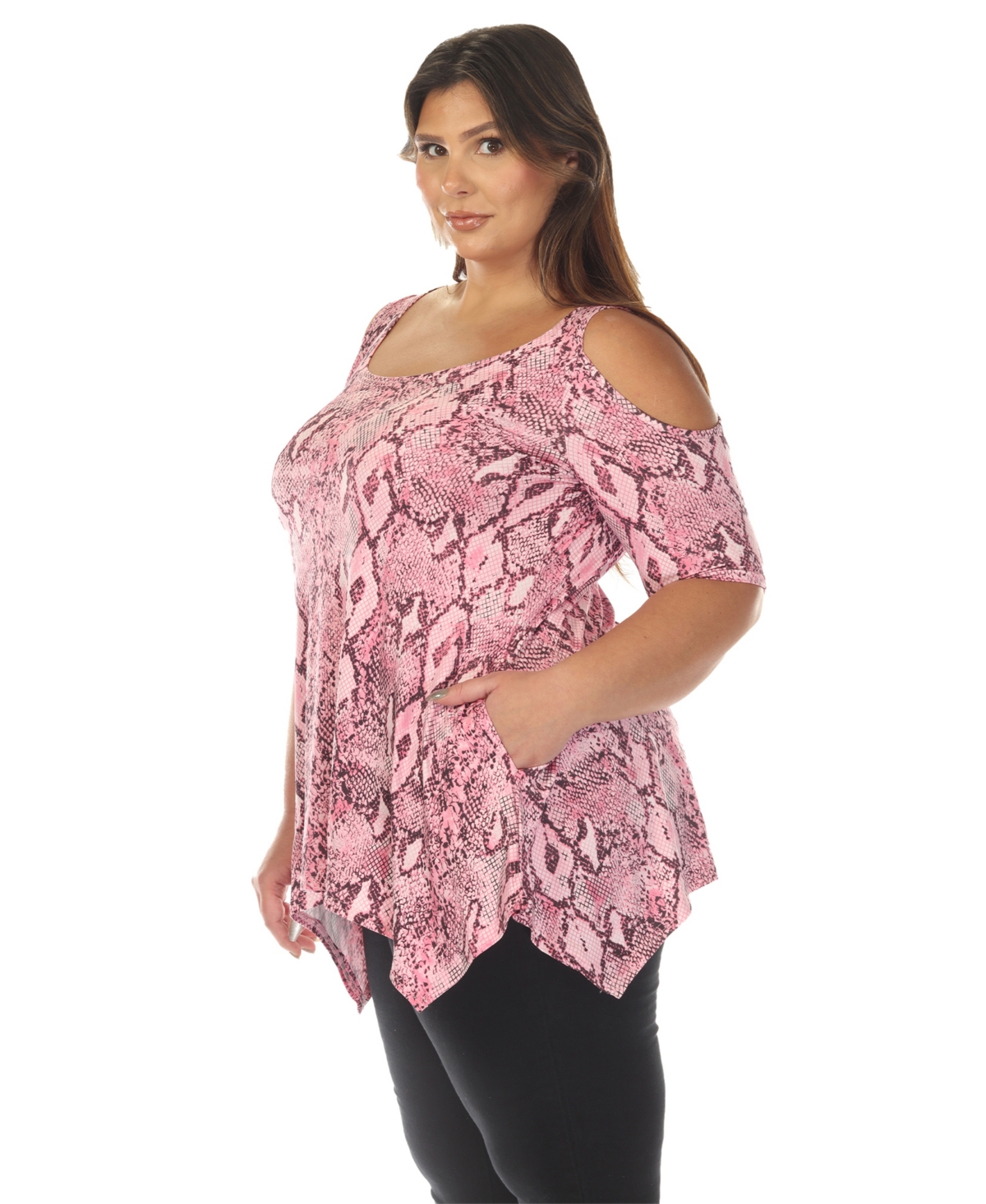 White Mark Plus Cold Shoulder Snake Print Swing Top