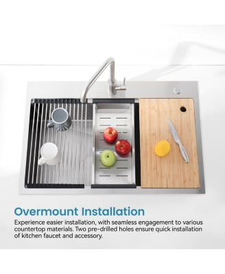 33inch Overmount Single Bowl Brushed 304 Stainless Steel Kitchen Sink SS-BR01D-332208 with Cutting Board Roll out Basket