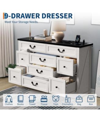 9-Drawer Farmhouse Engineered Wood Dresser, Built-In Charging Station, Anti-Tip Device, Bedroom, Black