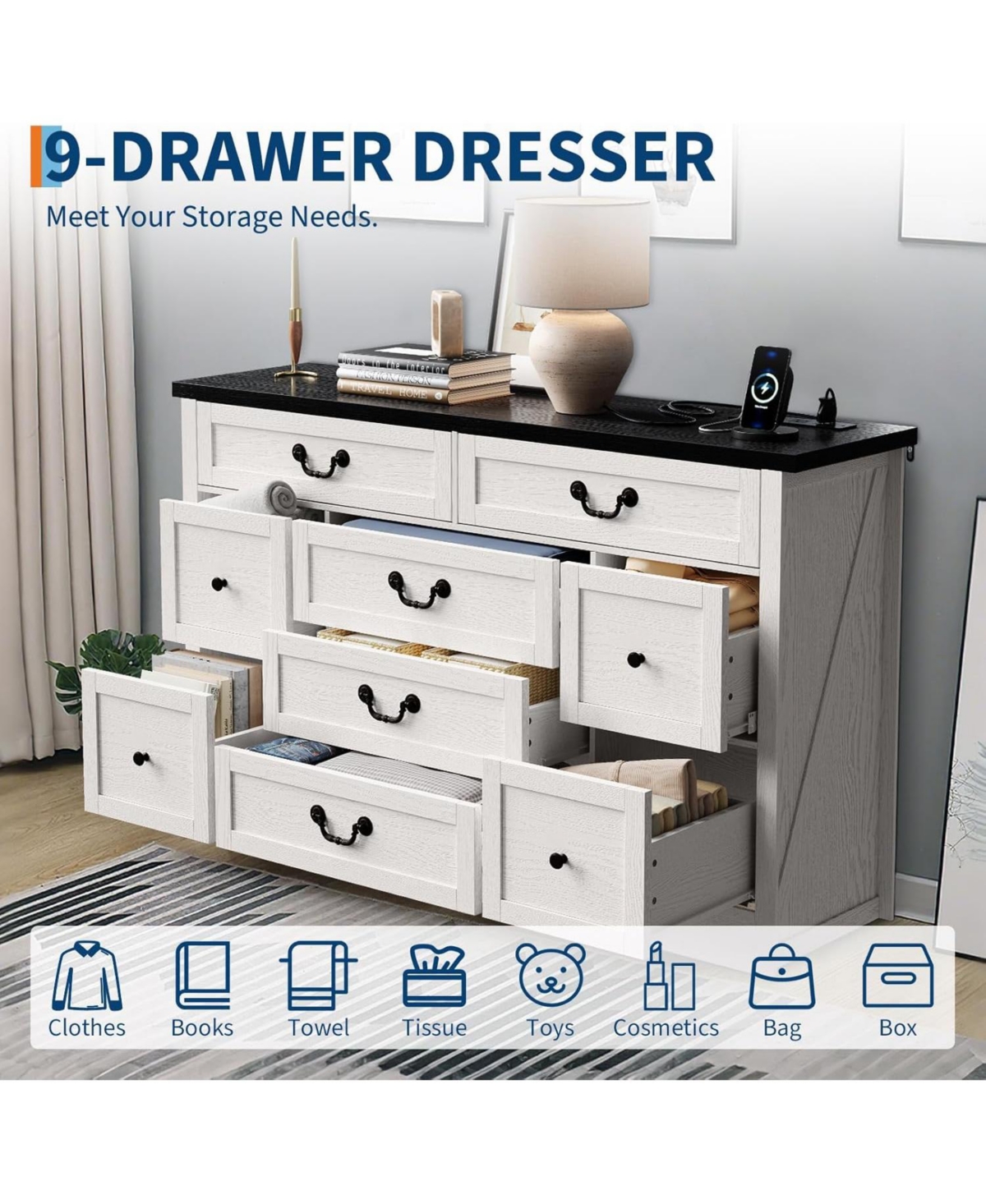 gaomon 9-Drawer Farmhouse Engineered Wood Dresser, Built-In Charging Station, Anti-Tip Device, Bedroom, Black