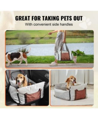 Waterproof Dog Car Booster Seat w/ Side Handles, Storage Pocket & Safety Leash, PP Cotton Fill, Small Dog Car Bed up to 25 lb