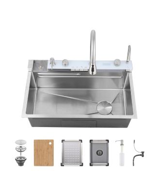 Smart Waterfall Kitchen Sink Single Bowl Pull Out Faucet 304 Stainless Steel