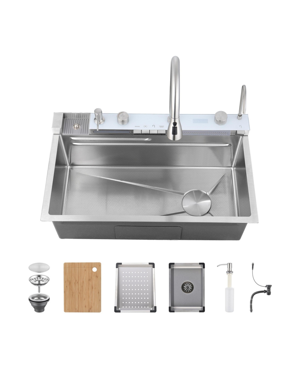 flynama Smart Waterfall Kitchen Sink Single Bowl Pull Out Faucet 304 Stainless Steel