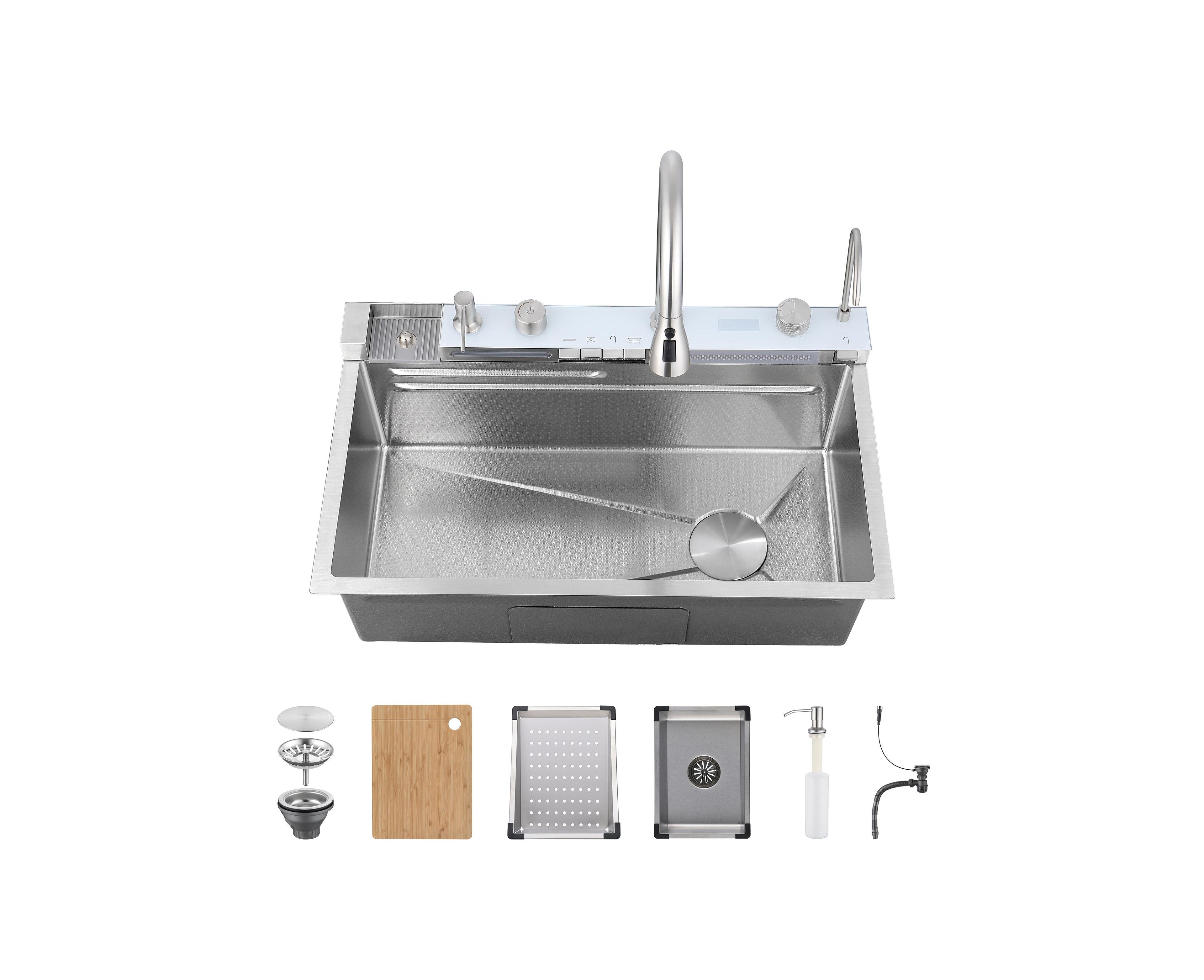 flynama Smart Waterfall Kitchen Sink Single Bowl Pull Out Faucet 304 Stainless Steel
