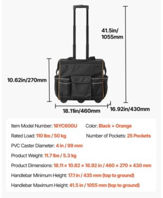Rolling Tool Bag on Wheels, 110 lb Capacity, 25 Pockets, Heavy-Duty Tool Organizer with Telescoping Handle & Stable Base
