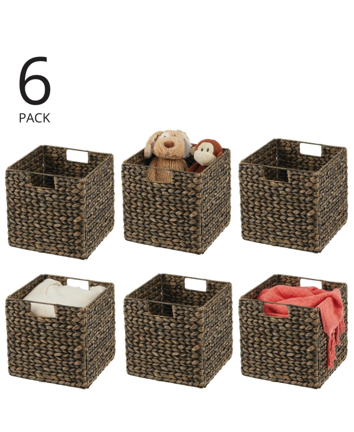 mDesign Hyacinth Woven Cube Bin Basket Organizer, Handles, 6 Pack, Black Wash
