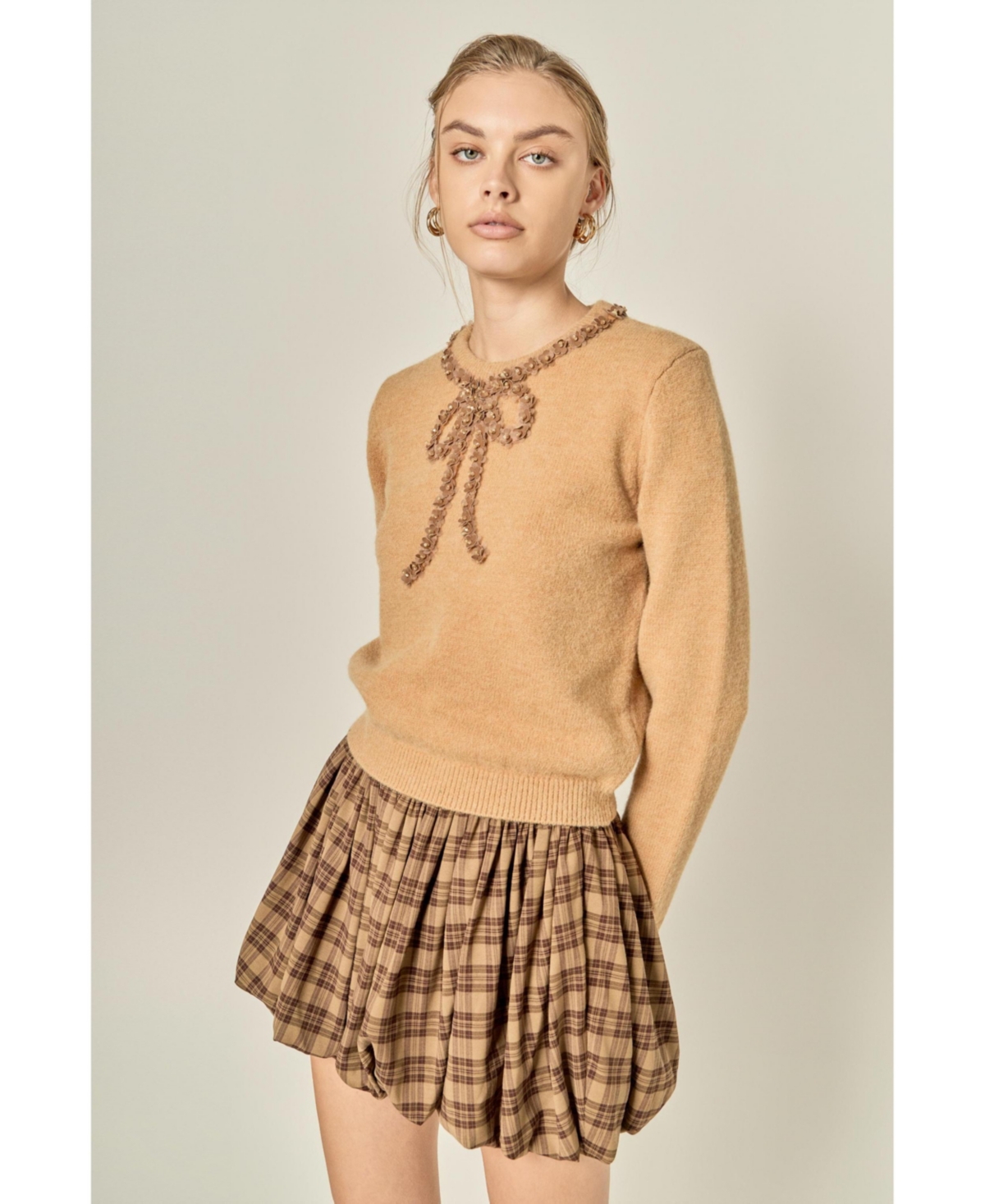 English Factory Women's Sheer Floral Bow Trim Sweater