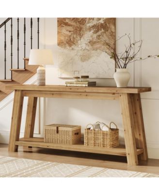 70.9" Solid Wood Console Table, 2-Tier Farmhouse Sofa Table for Entryway & Living Room, Natural