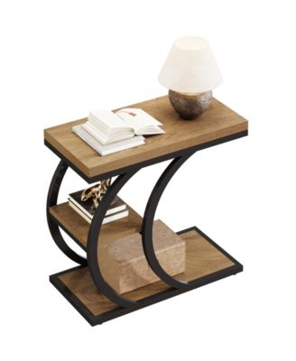 End Table for Living Room, 3-Tier Narrow Wood Couch C-Shaped Side Table with Storage, Industrial Nightstand