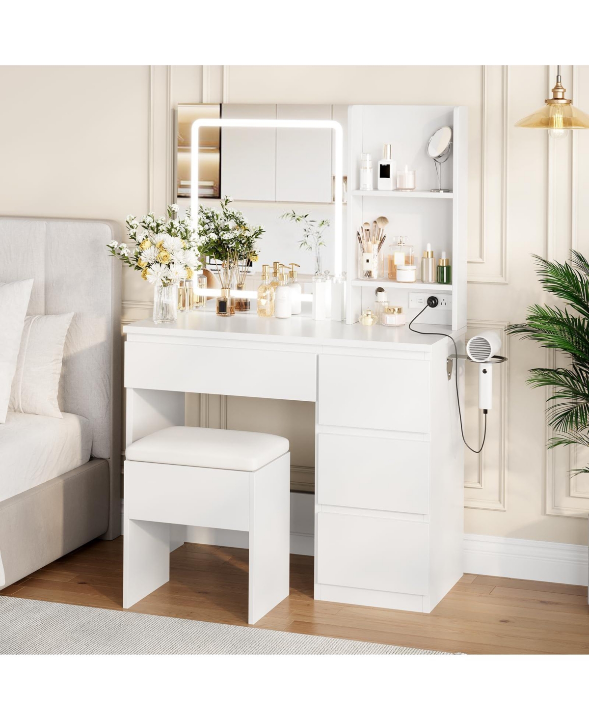 gaomon Makeup Vanity Desk with Lighted Mirror, Dressing Table Set 4 Drawers, Power Outlet, Storage Shelves