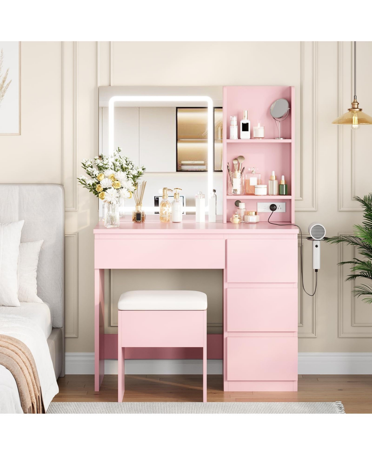 gaomon Makeup Vanity Desk with Lighted Mirror, Dressing Table Set 4 Drawers, Power Outlet, Storage Shelves
