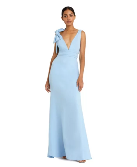 Women's Petite Sleeveless V Neck Bow Detail Mermaid Gown - Powder blue
