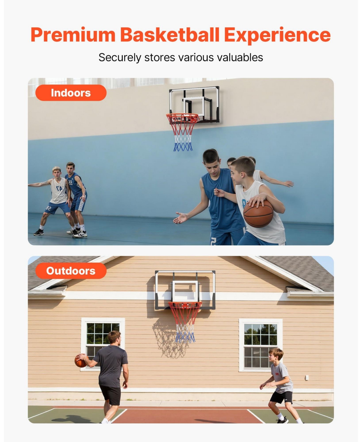 Mecale Wall-Mount Basketball Hoop, 44" Pc Backboard with Solid Steel Frame, 0.08" Thick Backboard, Woven Nylon Net