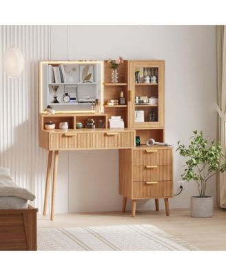 5 Drawer Makeup Vanity Desk Lights & Power Outlet, Modern Fluted Design for Bedrooms, Apartments, Easy to Assemble