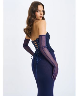 Women's Orabelle Navy Beaded Peplum Mermaid Gown with Lace-up Back