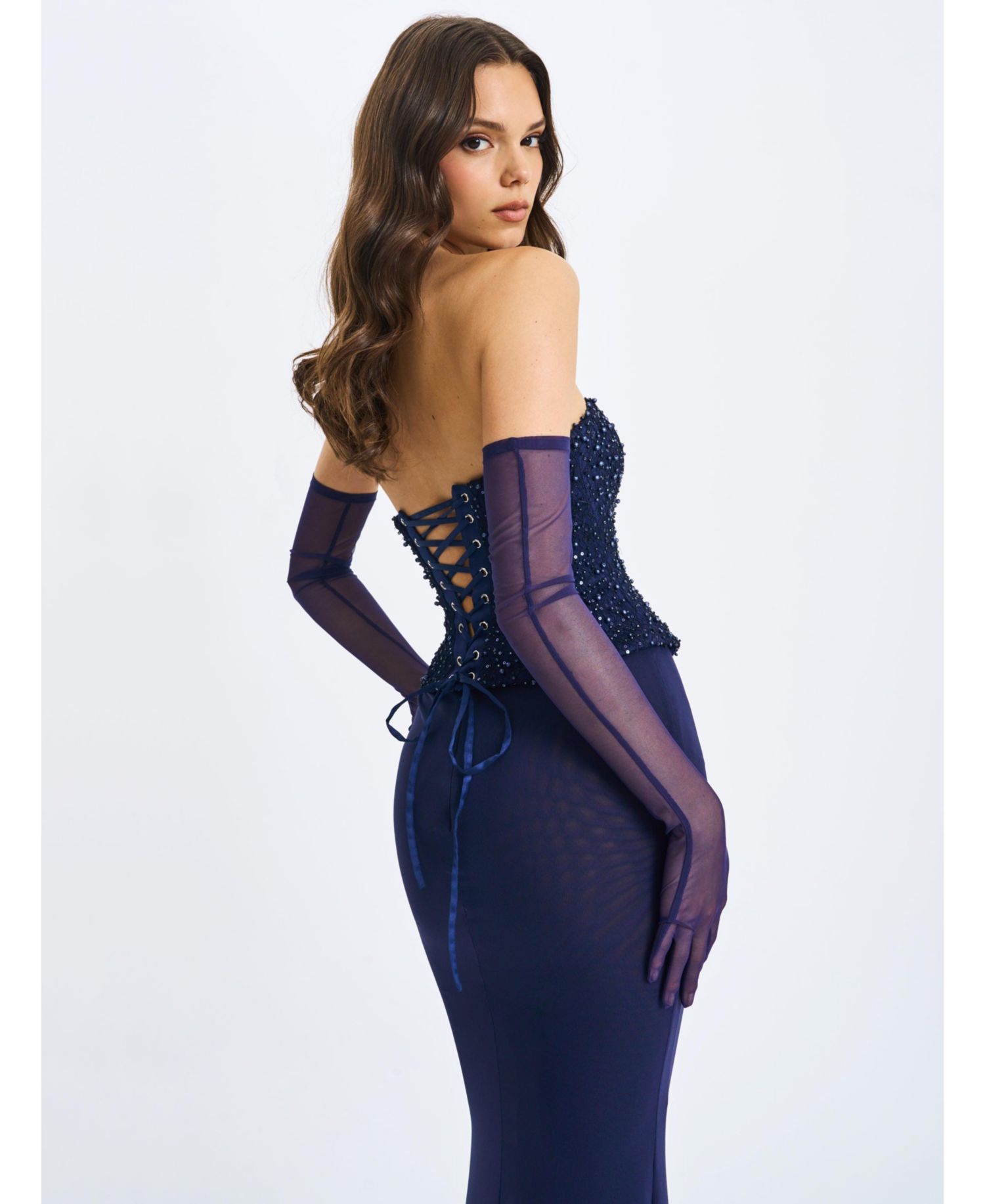 Women's Orabelle Beaded Peplum Mermaid Gown with Lace-up Back