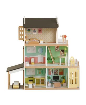Light-Up Dollhouse for Girls, 3-Story Wooden House with Balcony & Furniture