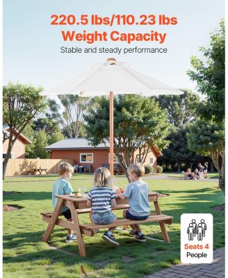 Kids Picnic Table with Umbrella, 3-in-1 Sand and Water Table, Wooden Table and Bench Set with 2 Trays, Seats 4