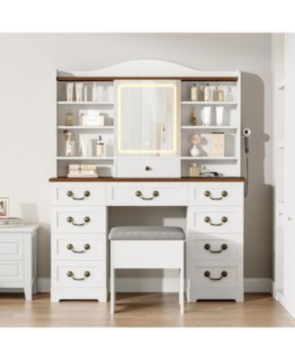 47 Inch Wide 8 Shelves Makeup Vanity Desk and Chair comes Mirror and Lights for Bedrooms, Apartments, Easy to Assemble