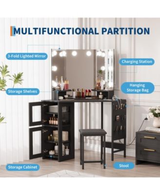 Corner Vanity Desk LED Lighted Mirror Charging Station and Storage Cabinet for Bedrooms, Apartments, Easy to Assemble