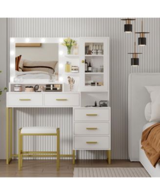 Large Makeup Vanity Desk Mirror LED Lights Charging Station Stool Drawers and Storage Shelves for Bedrooms, Apartments