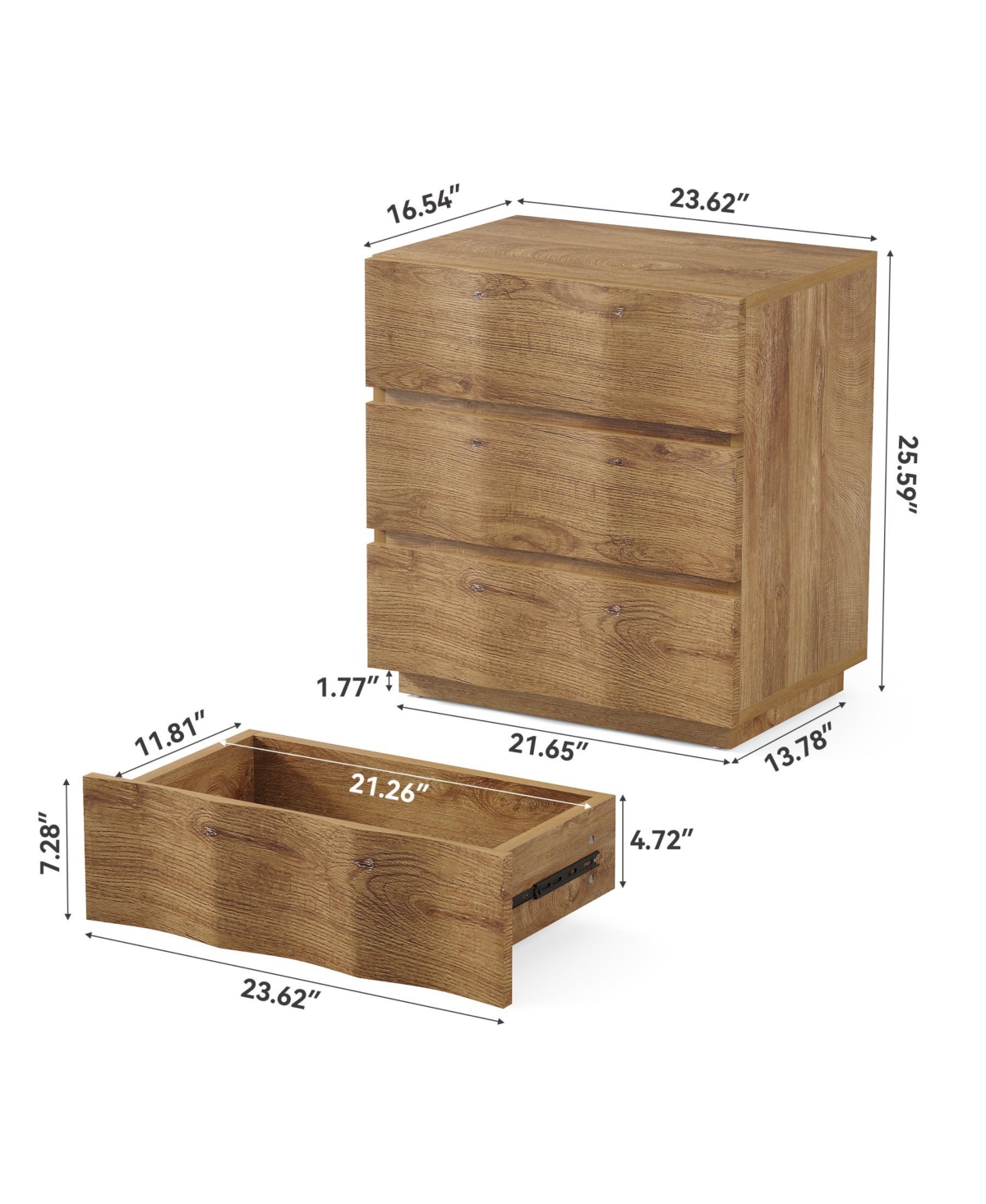 Tribesigns Fluted Nightstand, Side Table with 3 Drawers, Farmhouse Bedside Table, Wood Nightstand, Small Bedroom Dresser, Rustic Wood End Table