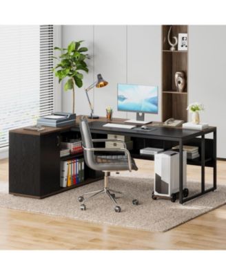 71 inch Executive Desk, L Shaped Desk with Cabinet Storage, Executive Office Desk with Shelves, Business Furniture Workstation