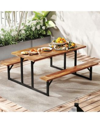 Outdoor Acacia Wood Picnic Table with 2 Benches for 6 Person