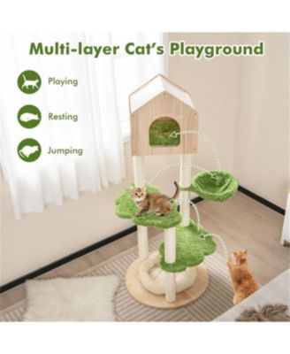 55" Tall Multi-level Cat Tower with Scratching Posts and Soft Cat Bed in Green