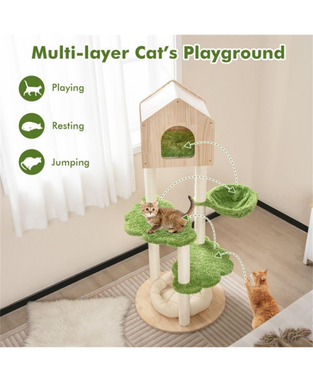 Aostirmotor 55" Tall Multi-level Cat Tower with Scratching Posts and Soft Cat Bed in Green