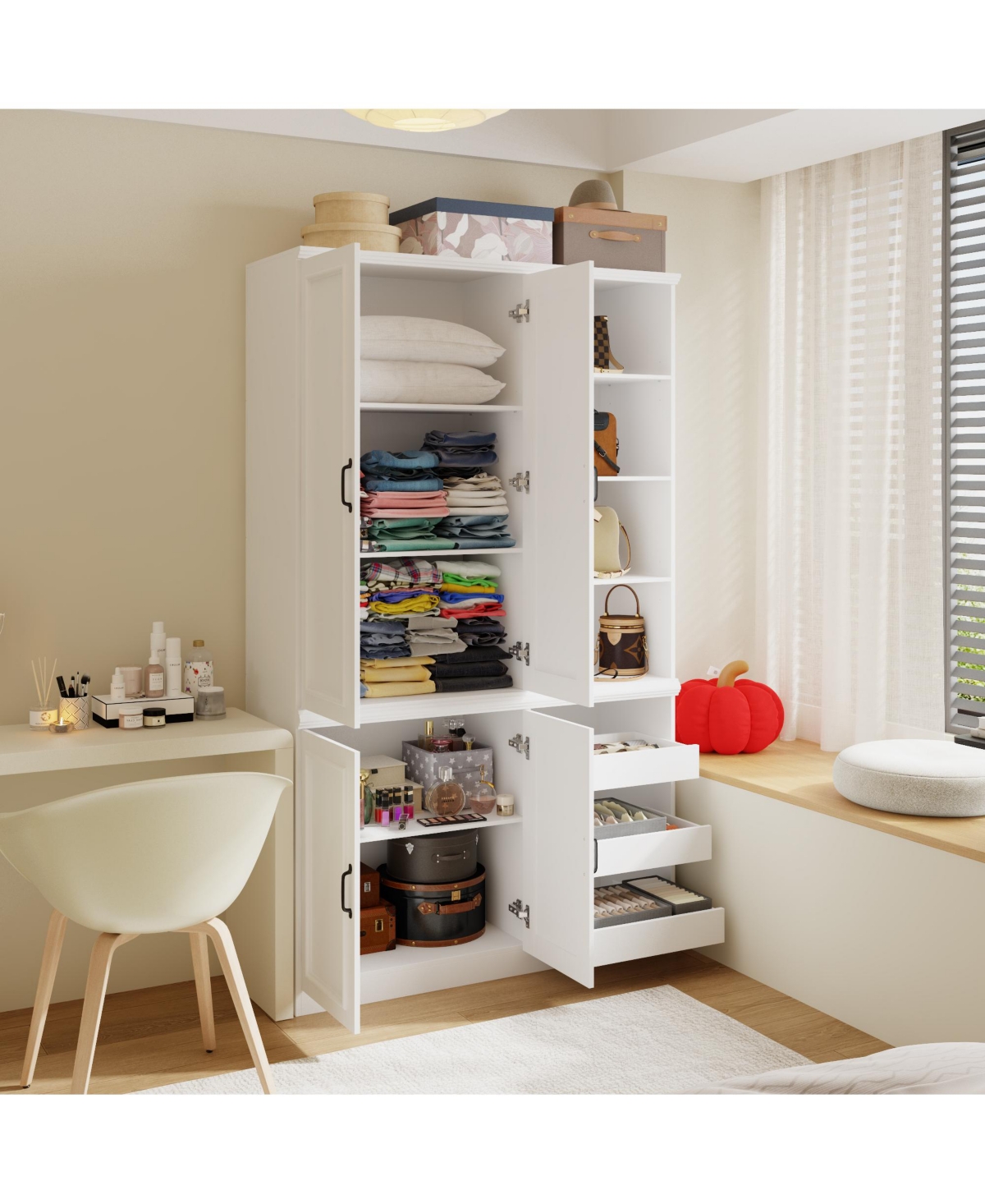 Homsee 4-Door Wardrobe With Open Cubbies And Shoe Drawers, Armoire