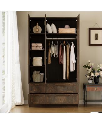 Wardrobe With Top Cabinet And Mirror，Bedroom Closet，Armoire,Brown